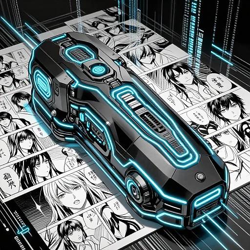 Digital anime-style illustration of a glowing blue neon futuristic car hovering over black-and-white manga-style character panels with dynamic lines.