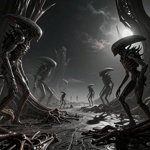 Digital artwork of a dark, eerie alien landscape with several Xenomorphs with sleek, black exoskeletons and elongated heads, standing amidst