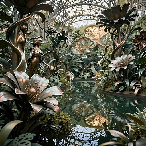 Digital artwork of a lush, intricately detailed greenhouse ceiling with large, dark, metallic flowers and leaves, reflecting sunlight through a glass roof.