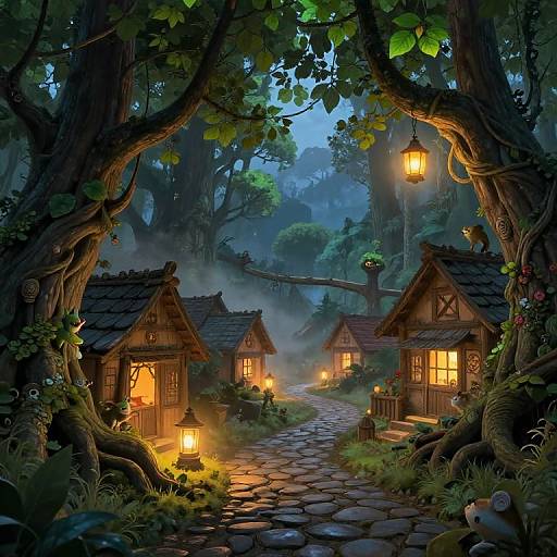 Whimsical, moonlit forest scene with glowing lanterns illuminating quaint, wooden cottages on a cobblestone path, surrounded by lush trees