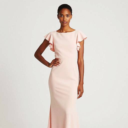 Photograph of a slender Black woman with short hair, wearing a fitted, short-sleeved, pale pink evening gown, standing against a white background