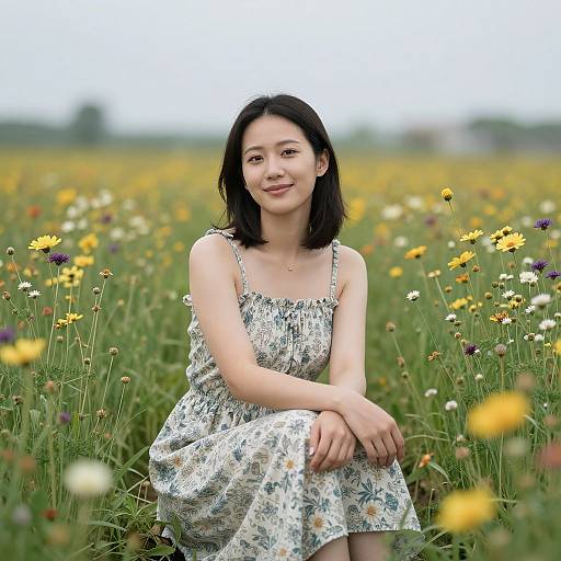Photograph of an Asian woman with shoulder-length black hair, wearing a floral dress, sitting in a vibrant wildflower field, smiling softly.