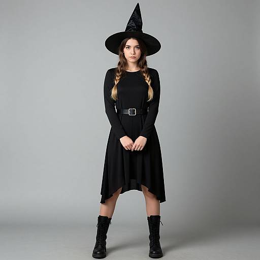 Photograph of a young woman with long braids, wearing a black witch hat, long-sleeve black dress, belt, and boots, standing