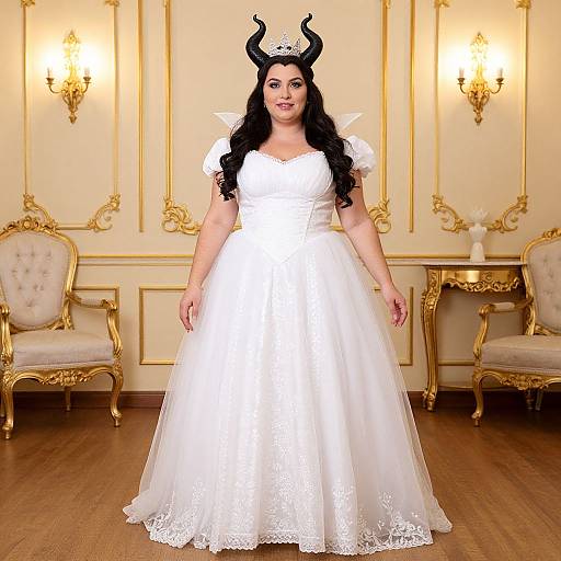 Photograph of a curvy woman with long black hair, wearing a white lace wedding dress, black horned headpiece, standing in an ornate