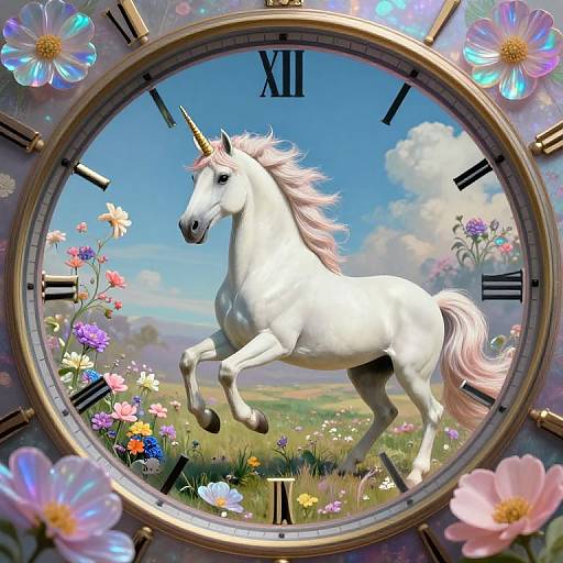 Digital artwork of a white unicorn with a pink mane and horn, leaping in a vibrant flower field, framed by a clock with colorful flowers and Roman