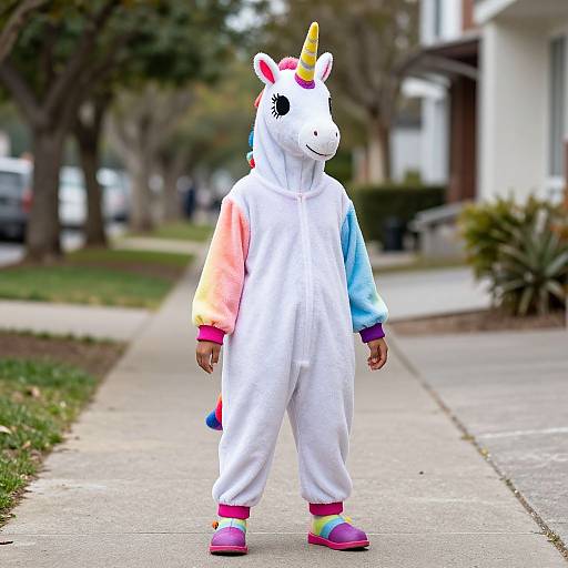 Photograph of a child in a colorful unicorn onesie with rainbow gradient sleeves, pink cuffs, and rainbow shoes, standing on a suburban sidewalk.