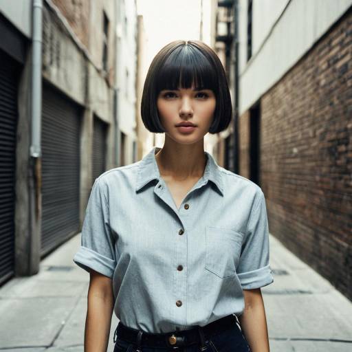 Woman with Modern Bowl Cut in Urban Alley