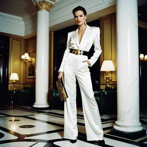 Elegant Woman in White Silk Jumpsuit in Hotel Lobby