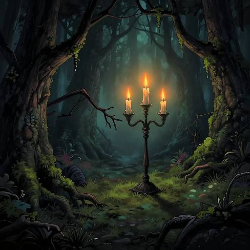 Digital fantasy artwork: Dark forest with glowing, yellow-candle-lit, black metal candelabra at center, surrounded by mossy trees and eerie