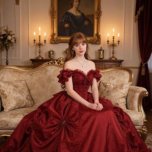 Photograph of a young woman with pale skin and brown hair, wearing an off-shoulder, deep red, Victorian-style gown, seated on an