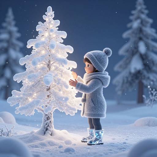 Photograph of a child in a gray, fuzzy winter coat, hat, and boots, lighting a snow-covered Christmas tree in a snowy night forest.