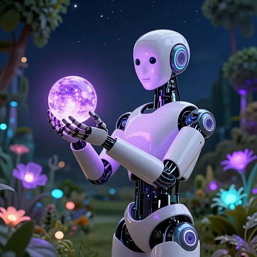 CGI image of a white, glowing robotic humanoid holding a luminous, purple orb in a colorful, futuristic garden at night.