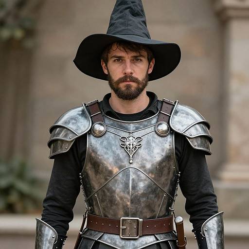 Photograph of a bearded man with brown hair wearing a black witch hat, medieval silver armor, black shirt, and brown belt, standing outdoors against