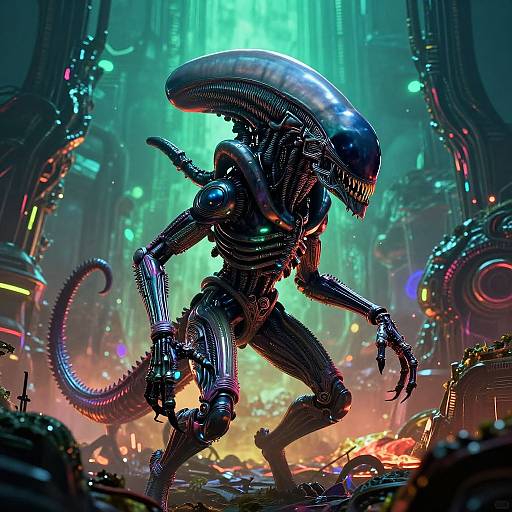 Digital artwork of a sleek, black, biomechanical Xenomorph standing in a neon-lit, cyberpunk cityscape, surrounded by debris and
