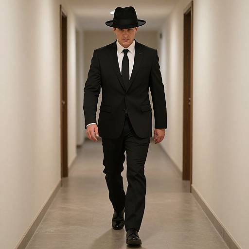 Photograph of a serious man in a black suit, white shirt, black tie, and black fedora walking down a brightly lit, narrow, white