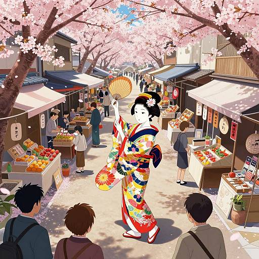 Anime-style digital illustration of a vibrant cherry blossom market, featuring a colorful kimono-clad woman with black hair, surrounded by shoppers and vendors.