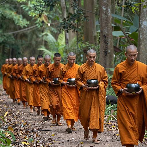 Monks in Saffron Robes Walking Peacefully