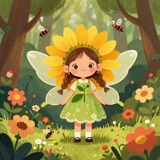Digital cartoon of a cute fairy girl with sunflower headband, green dress, translucent wings, brown braids, standing in a sunlit forest with