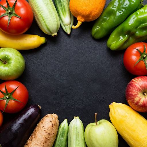 Vibrant photograph of assorted fresh vegetables and fruits, including tomatoes, cucumbers, bell peppers, eggplant, apples, oranges, and squash