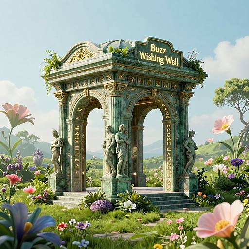Photorealistic digital artwork of a ornate, green stone archway labeled 
