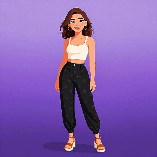 Digital illustration of a smiling woman with brown hair, wearing a white crop top, black high-waisted pants, and white platform sandals, against a