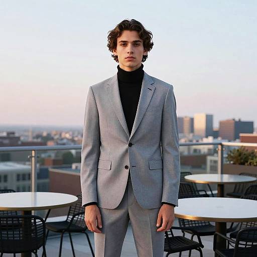 Photograph of a young man with curly brown hair, wearing a light gray suit, black turtleneck, standing on a rooftop terrace with cityscape