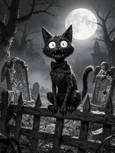 Digital illustration of a spooky, wide-eyed black cat with sharp teeth sitting on a wooden fence in a moonlit graveyard.