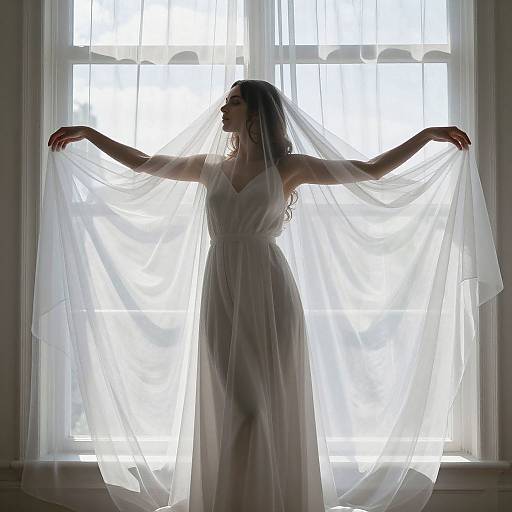 Silhouetted bride in white gown, holding flowing veil, stands against bright window, arms outstretched, creating ethereal, backlit effect