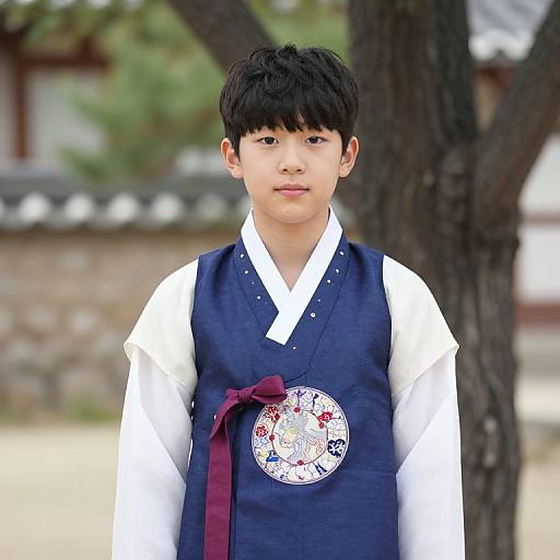 Photograph of a young Asian boy with black hair wearing a white kimono and navy vest with a decorative circular brooch, standing outdoors in front of
