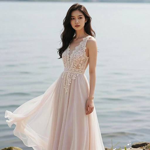 Asian woman with long dark hair, wearing a lace-embellished, sleeveless, pale pink gown, standing by a sunlit lake, gentle