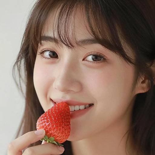 Portrait of a Smiling Asian Woman with Strawberry