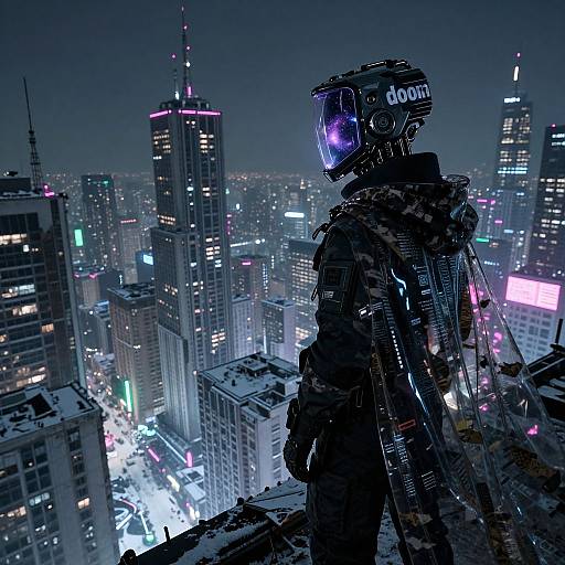 Cyberpunk soldier with glowing visor stands on rooftop overlooking neon-lit cityscape of skyscrapers at night, digital art style.