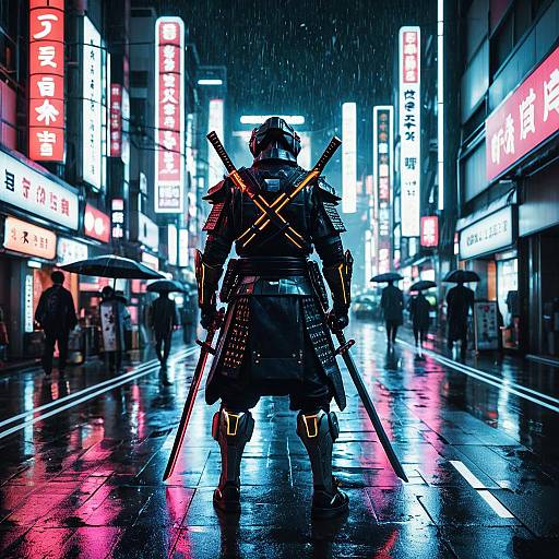 Futuristic Cyborg Samurai in Neon-Lit Tokyo Street