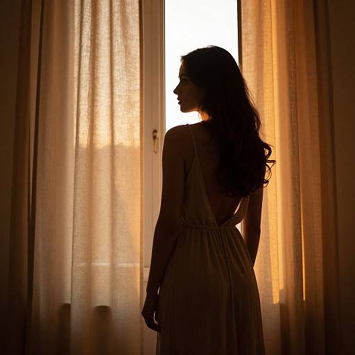 Silhouetted woman with long, wavy hair stands before glowing, golden curtains, backlit by bright light. Photographic image.