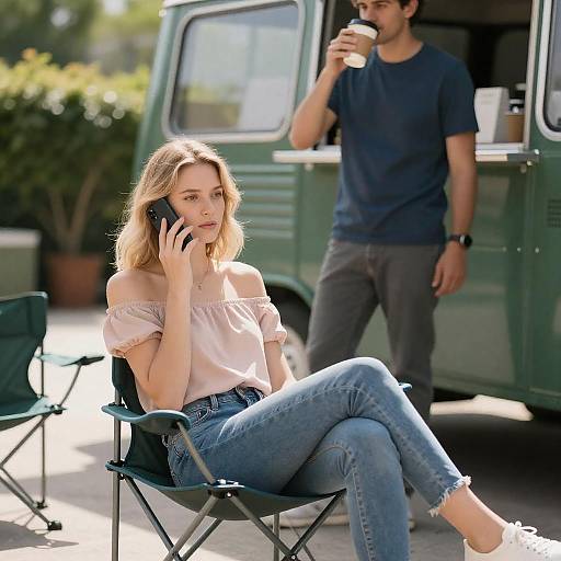 Sunny Outdoor Scene with Woman and Food Truck