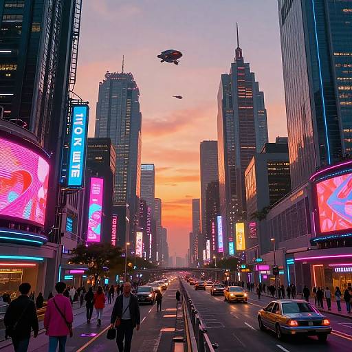 Photograph of a vibrant, neon-lit urban street at sunset, with towering skyscrapers, flying drones, busy pedestrians, and cars, featuring