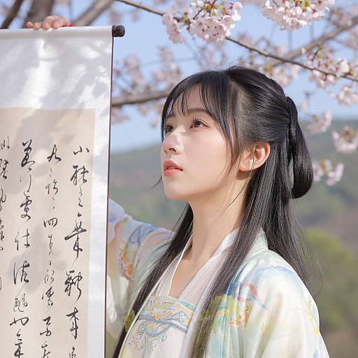 Photograph of an Asian woman with long black hair in a traditional floral kimono, holding a calligraphy scroll, standing under blooming cherry blossoms