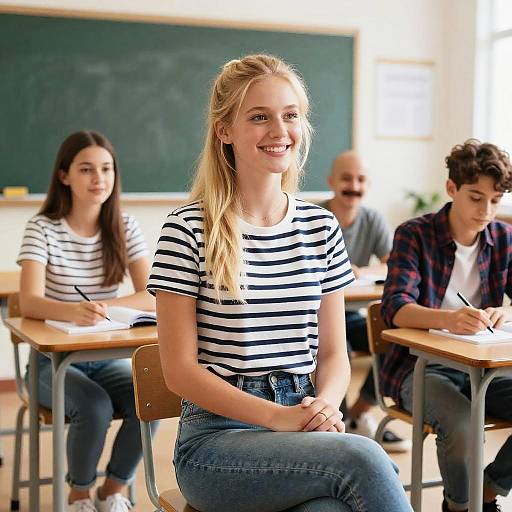 Smiling blonde student in classroom