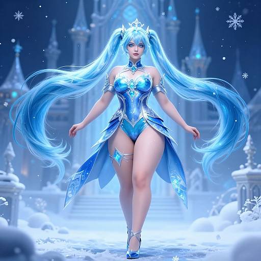 Digital art of a blue-haired, ice queen with long, flowing hair, wearing a shiny blue, icy armor dress, walking confidently through a snowy castle