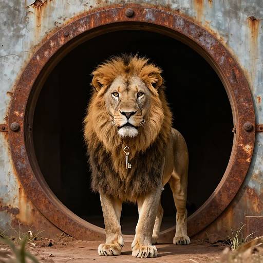 Photorealistic image of a majestic lion with a key in its mane, standing in a circular, rusted industrial doorway.