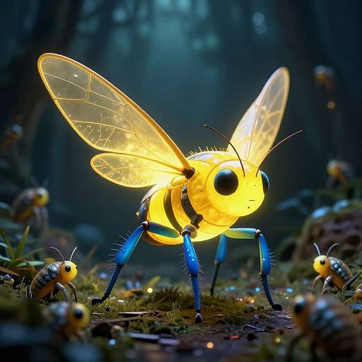 Glowing yellow robotic fly with translucent wings and blue legs standing in a dark forest surrounded by smaller, glowing insects. Photorealistic CGI.