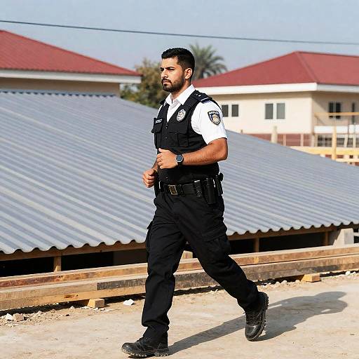 Determined Officer on Construction Site