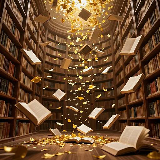 Photograph of a library with floating, glowing books and yellow leaves, suspended mid-air, surrounded by tall wooden shelves filled with books.