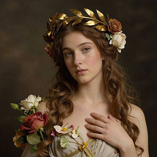 Photograph of a fair-skinned young woman with long, wavy brown hair, wearing a golden laurel crown, white dress, and floral wre