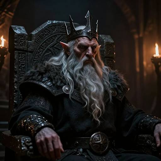 Photorealistic CGI of a stern, elderly, white-bearded elf king with a spiked crown, wearing dark, ornate armor, seated on a