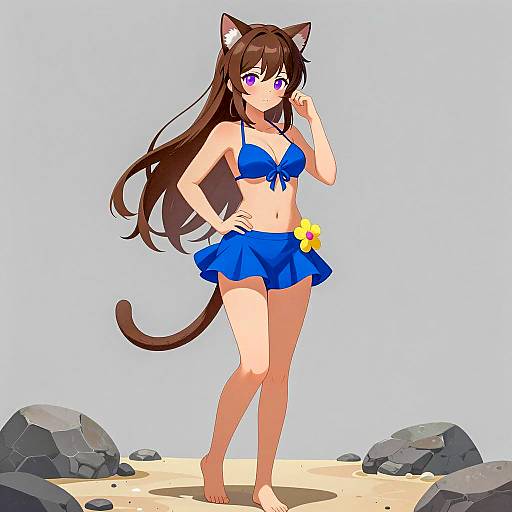 Anime Cat Girl in Blue Bikini on Beach