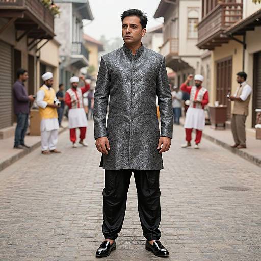 Photograph of a man in a silver patterned kurta, black pants, and black shoes, standing on a cobblestone street with blurred people