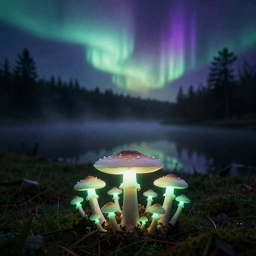 Photograph of glowing mushrooms in foreground, with vibrant green and purple Northern Lights in background, silhouetted trees, and misty lake.