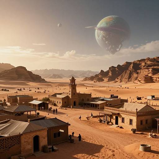 Photograph-like digital art: Desert town with rustic buildings, people, and a towering clock tower under a bright sun; massive, cloudy planet in the