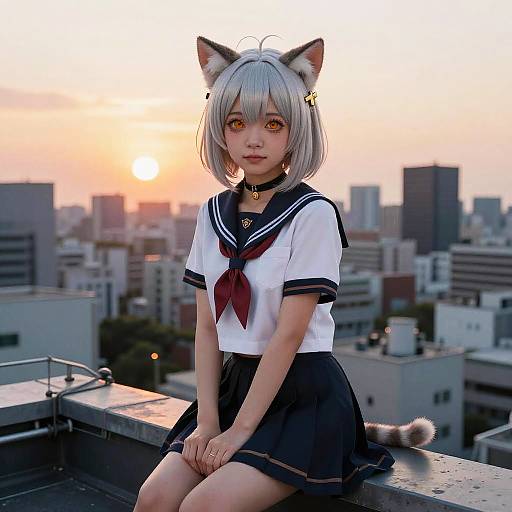 Japanese Cat Girl at Sunset Rooftop